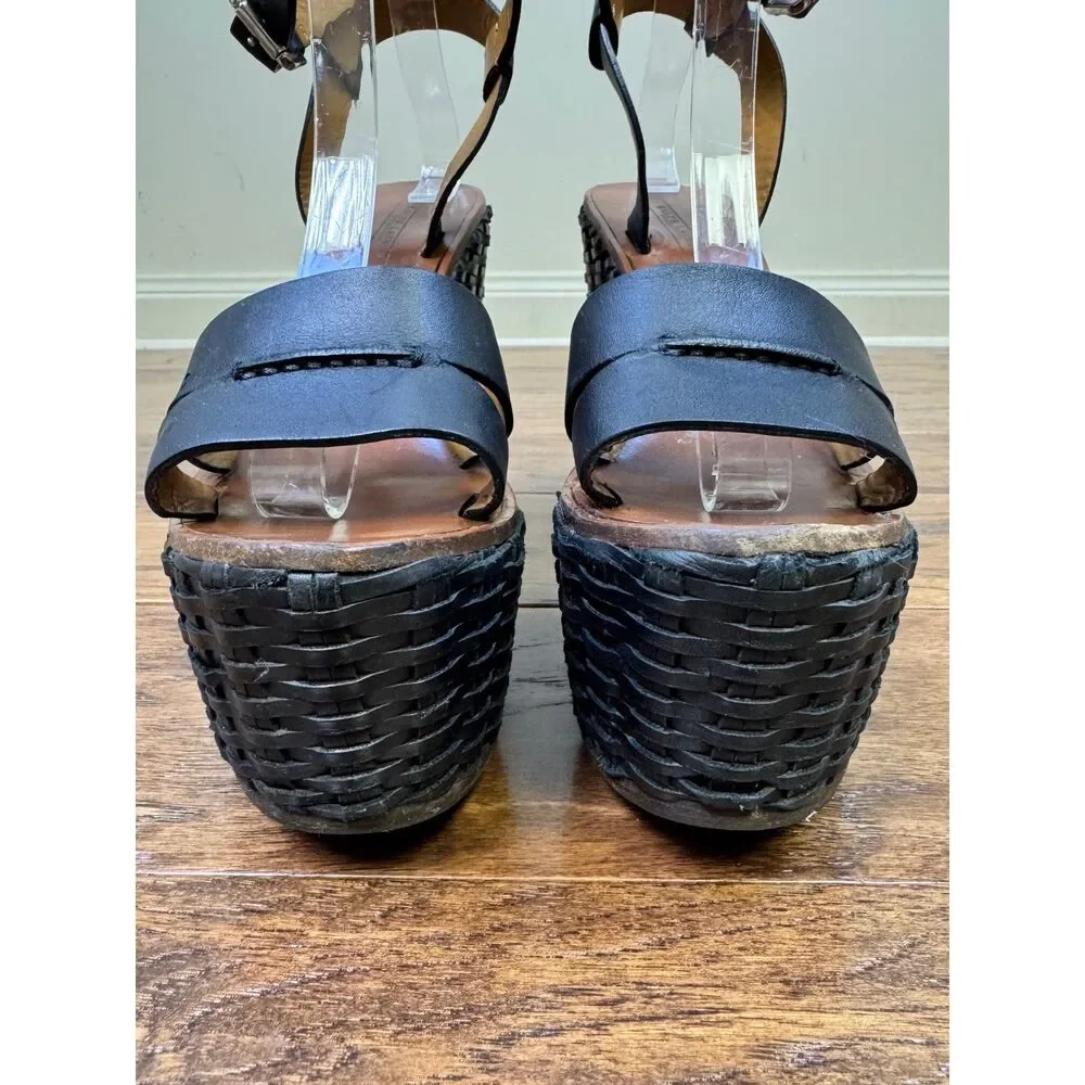 RALPH LAUREN COLLECTION Black/Brown Rattan Ankle Strap Platform Wedges, Sz 8.5B